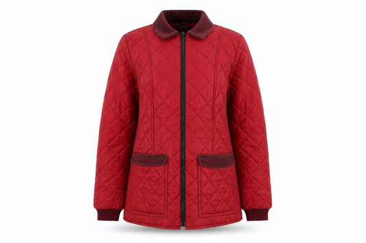 Front view of Preworn women’s red rain coat coat, size UK 10