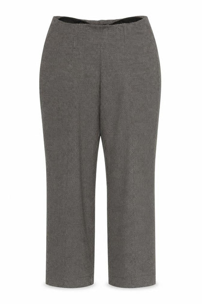 Front view of Bonmarché women’s brown geometric trousers, size UK 16, 28-inch leg