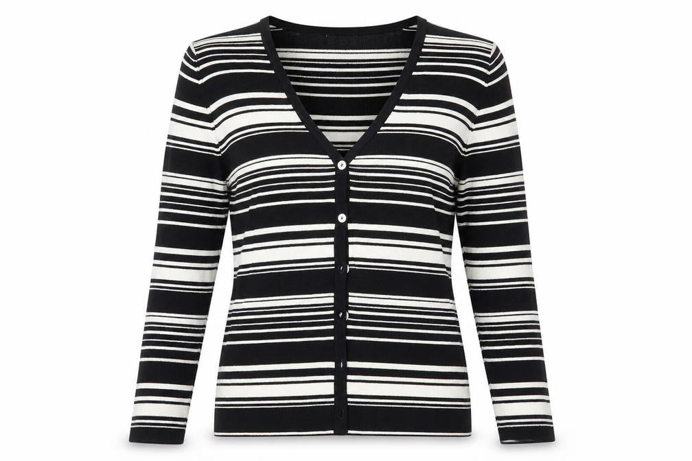 Front view of AMARANTO women’s black striped cardigan jumper, size UK 14