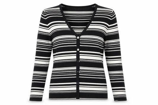 Front view of AMARANTO women’s black striped cardigan jumper, size UK 14