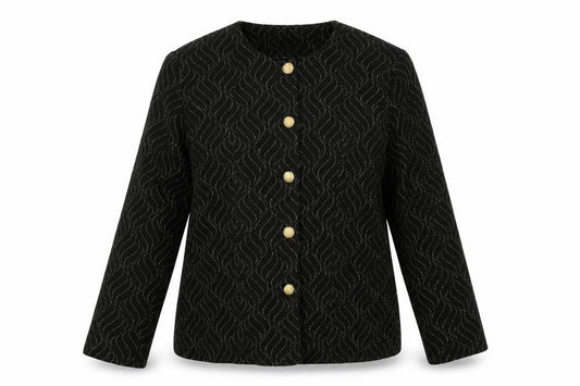 Front view of Bonmarché women’s black geometric jacket blazer, size UK 16