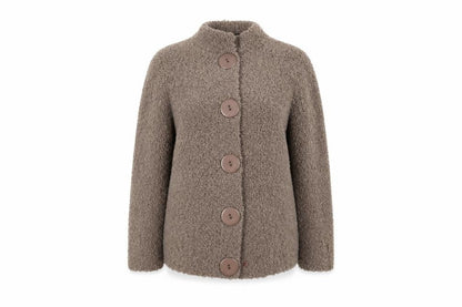 Front view of Casamia women’s beige overcoat coatigan, size M