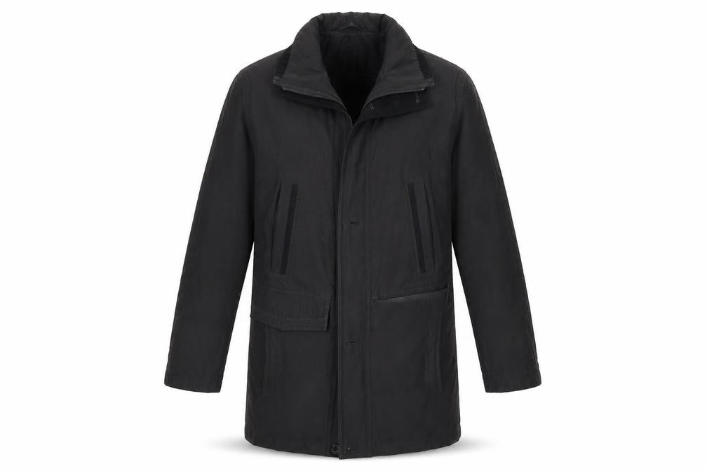 Front view of EWM men’s black overcoat coat, size S