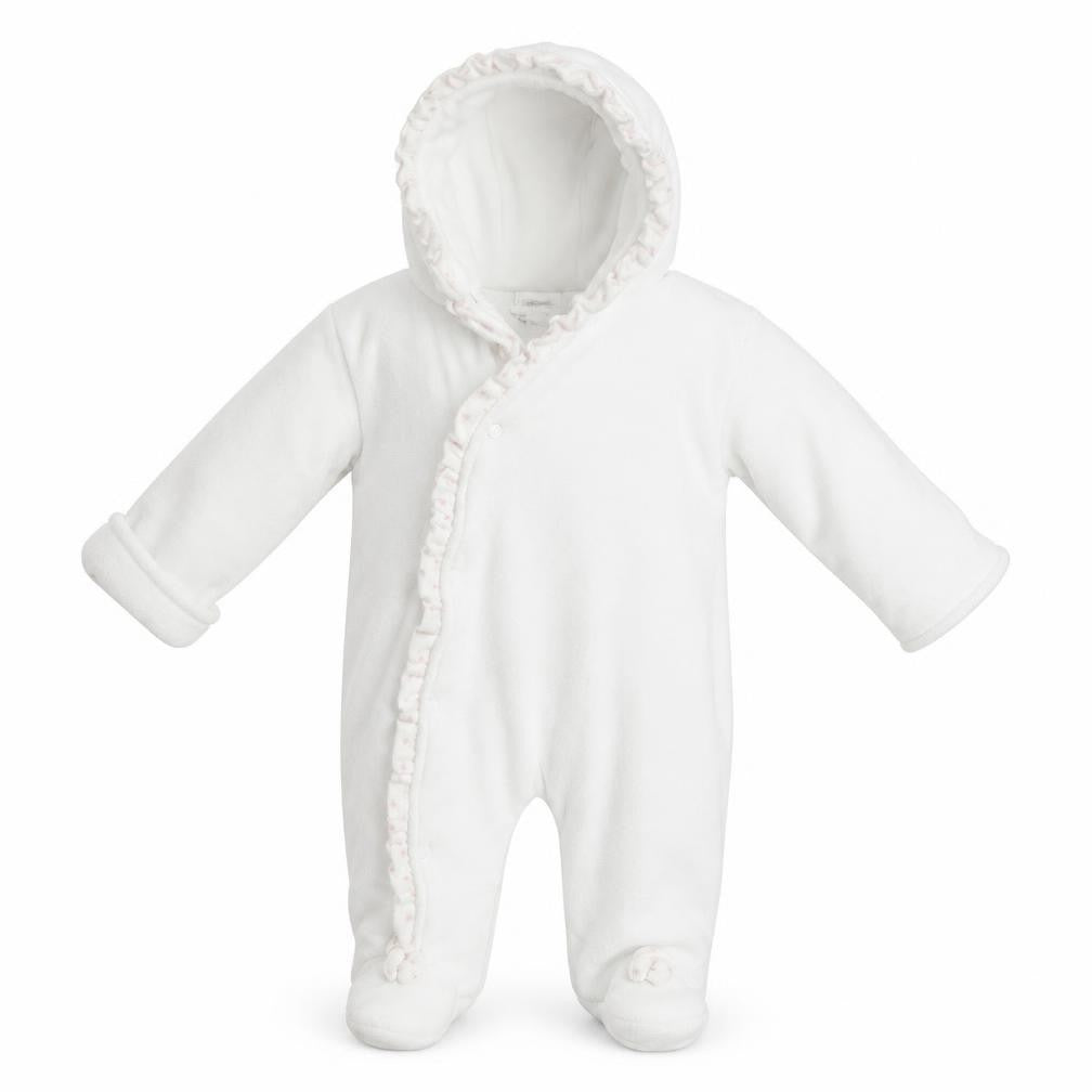 Front view of Little Nosh girls’ white babygrow one-piece, size 3-6, months