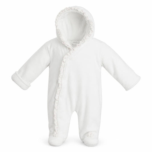 Front view of Little Nosh girls’ white babygrow one-piece, size 3-6, months