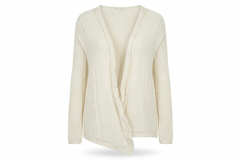 Front view of In the Style women’s beige cardigan jumper, size UK 8