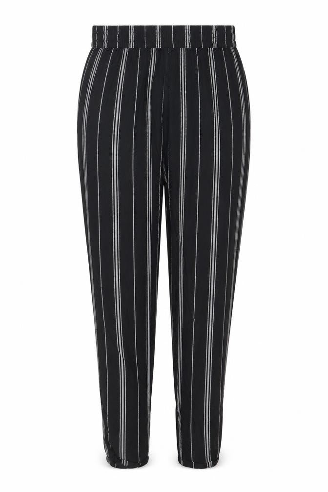 Front view of H&M women’s black striped trousers, size UK 6, 27-inch leg