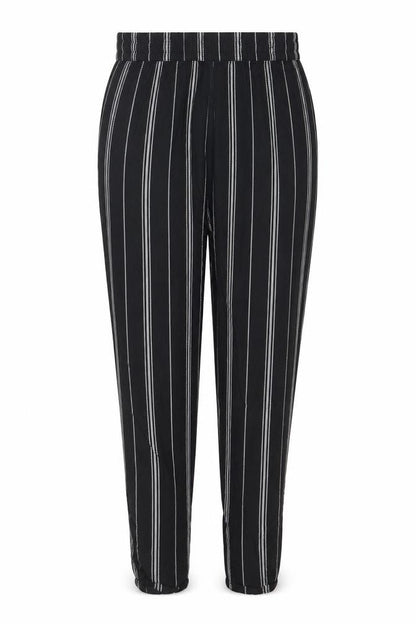 Front view of H&M women’s black striped trousers, size UK 6, 27-inch leg