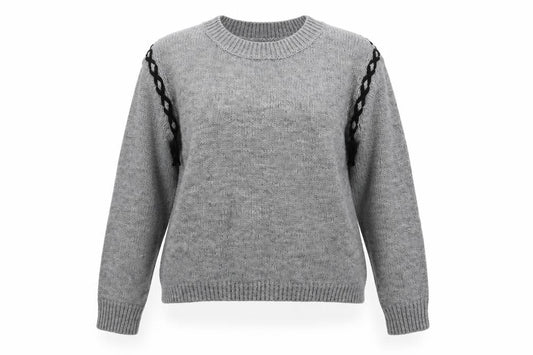 Front view of Sweewë women’s grey knit jumper, size S, - lace up