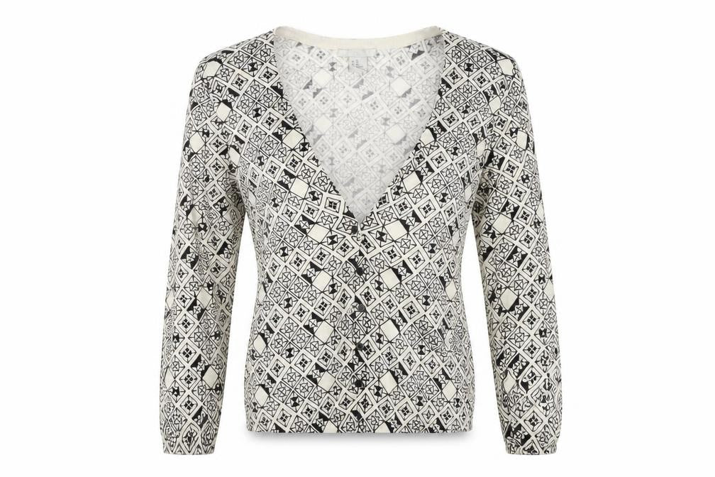 Front view of H&M women’s white geometric cardigan jumper, size XS