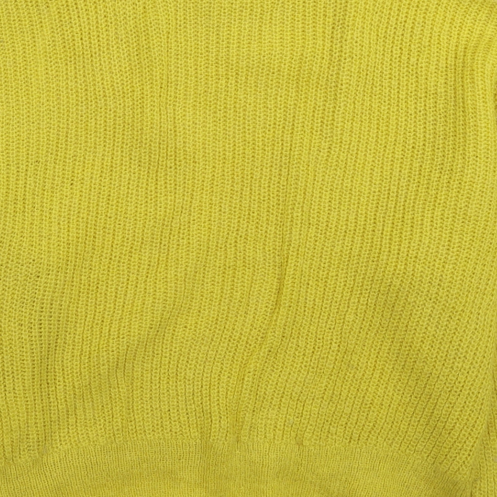 Brand and care label for H&M women’s yellow knit jumper, size M