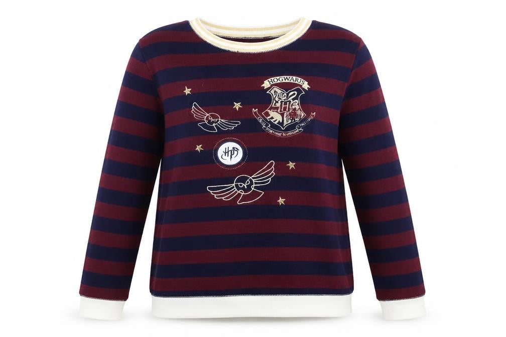 Front view of Love To Lounge women’s blue striped top pyjama top, size UK 6, - harry potter