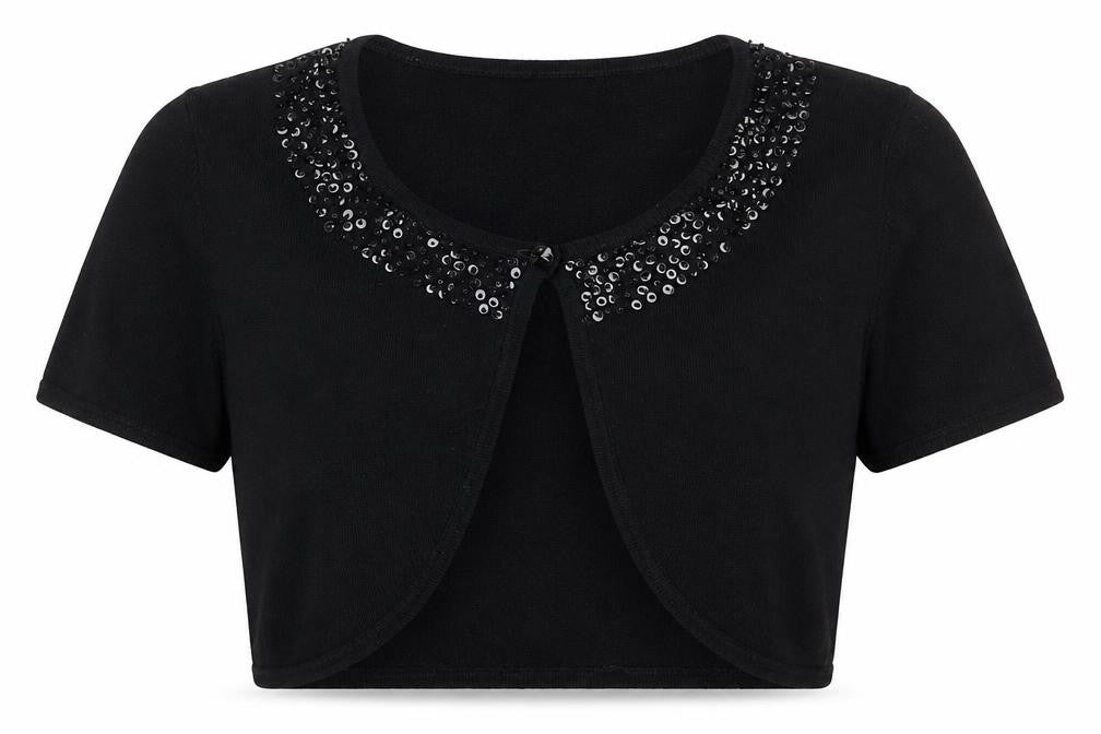 Front view of Debenhams women’s black knit cardigan jumper, size UK 14