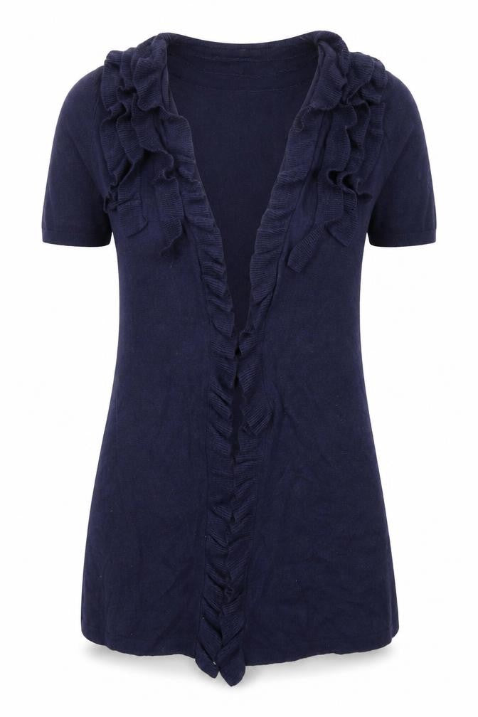 Front view of Marks & Spencer women’s blue knit cardigan jumper, size UK 8
