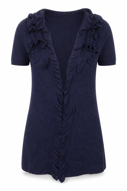 Front view of Marks & Spencer women’s blue knit cardigan jumper, size UK 8