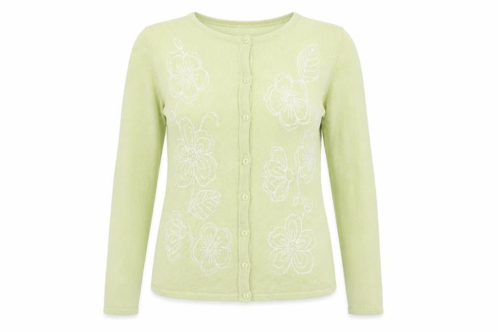 Front view of Bonmarché women’s green floral knit cardigan jumper, size XS