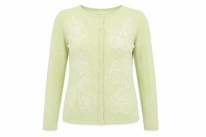 Front view of Bonmarché women’s green floral knit cardigan jumper, size XS