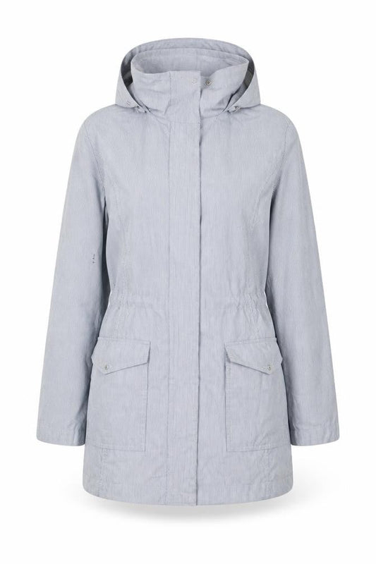 Front view of Bonmarché women’s blue striped jacket coat, size UK 12