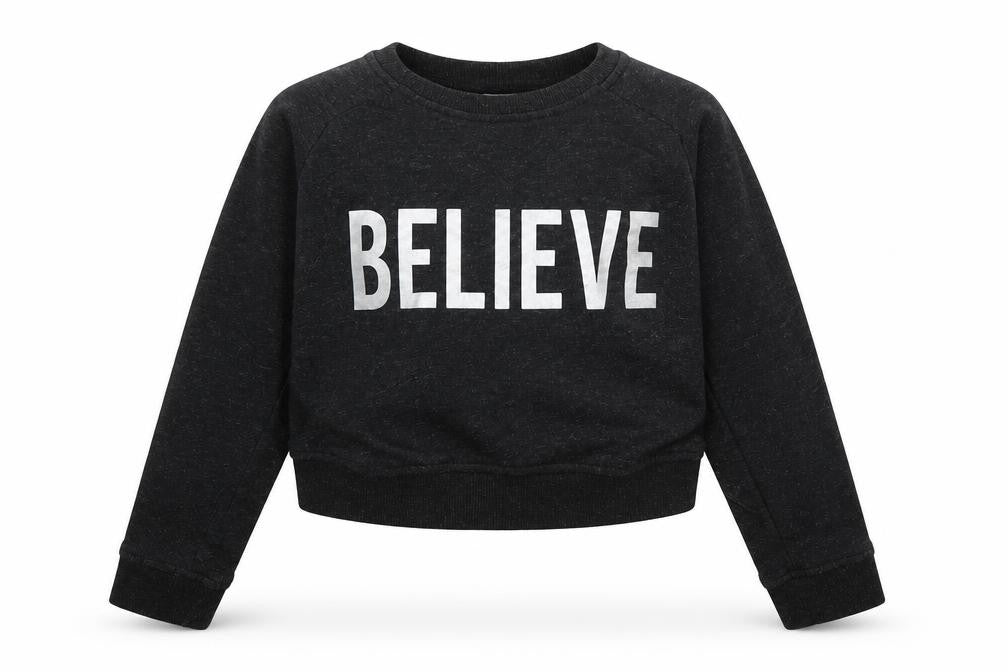 Front view of Miss E-vie girls’ grey jersey pullover sweatshirt, size 9-10, years - believe