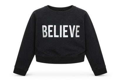 Front view of Miss E-vie girls’ grey jersey pullover sweatshirt, size 9-10, years - believe