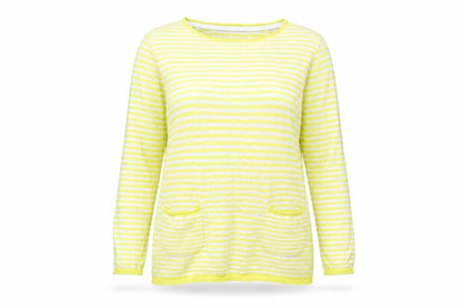 Front view of Lilly & me women’s yellow striped jumper, size UK 12