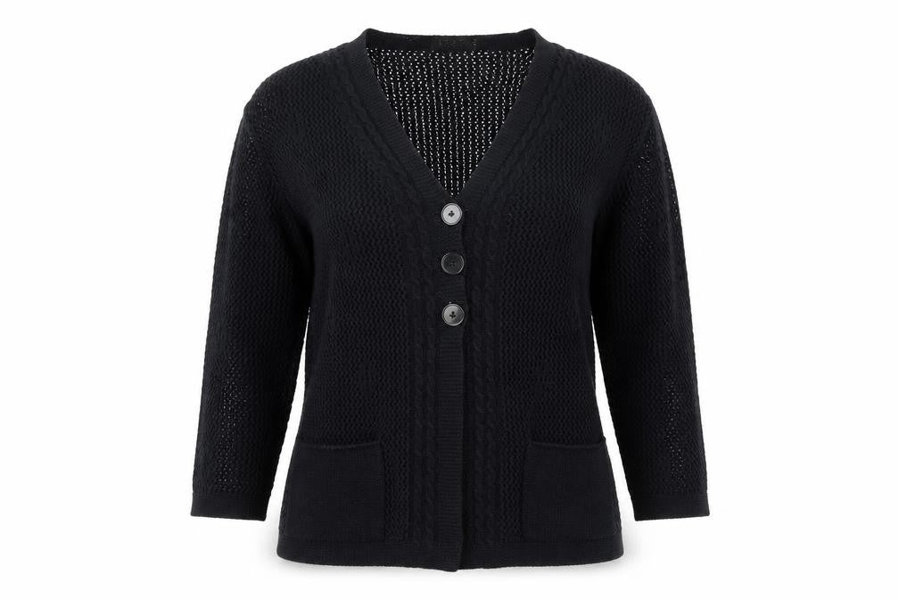 Front view of Pout women’s blue knit cardigan jumper, size M