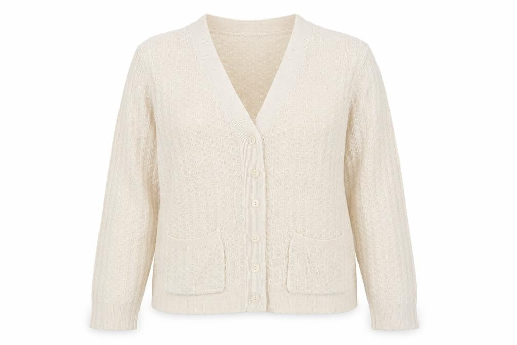Front view of Damart women’s beige cardigan jumper, size UK 14