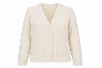 Front view of Damart women’s beige cardigan jumper, size UK 14