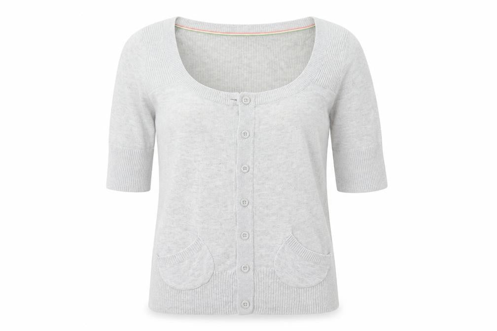 Front view of Papaya women’s grey knit cardigan jumper, size UK 8