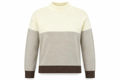 Front view of Damart women’s beige striped knit jumper, size UK 10