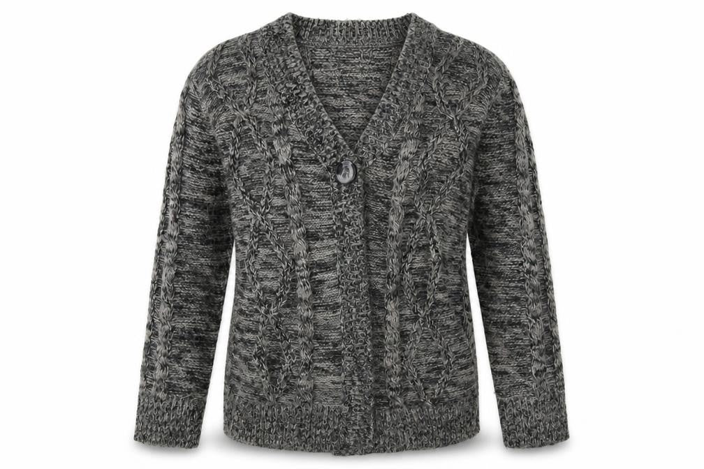 Front view of happit women’s grey knit cardigan jumper, size L
