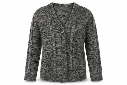 Front view of happit women’s grey knit cardigan jumper, size L
