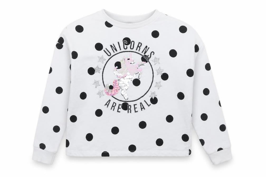 Front view of Primark girls’ white polka dot pullover sweatshirt, size 10-11, years