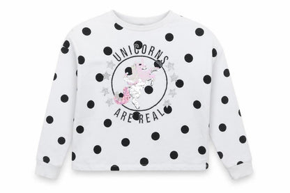 Front view of Primark girls’ white polka dot pullover sweatshirt, size 10-11, years