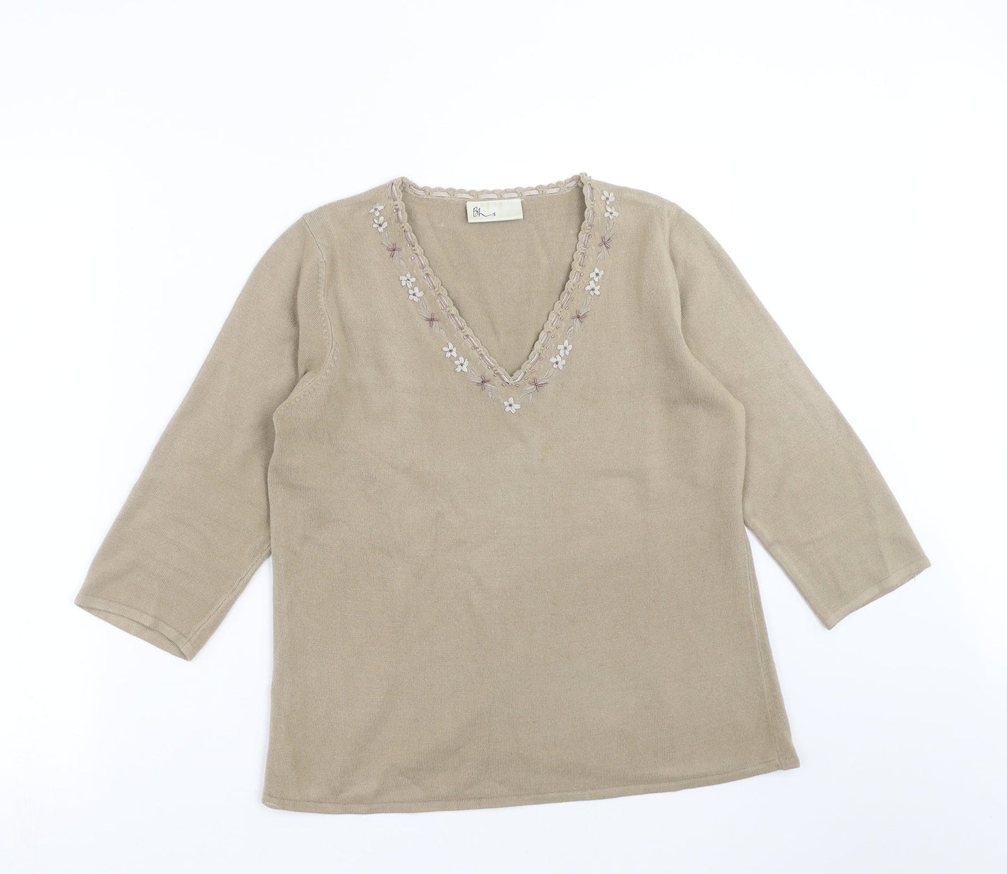 BHS Womens Brown  Knit Pullover Jumper Size 12  - Floral embroidery