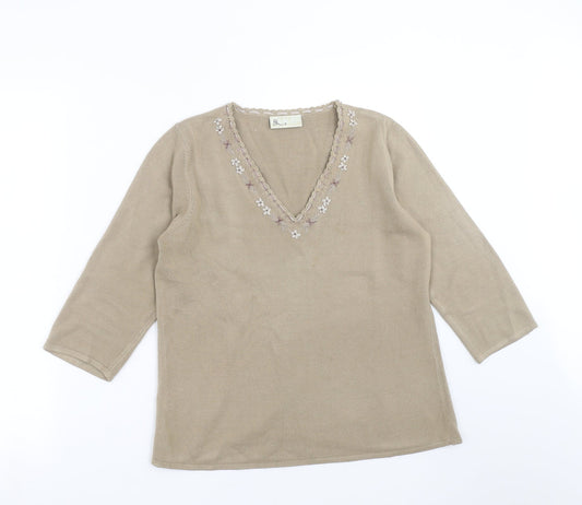 BHS Womens Brown  Knit Pullover Jumper Size 12  - Floral embroidery
