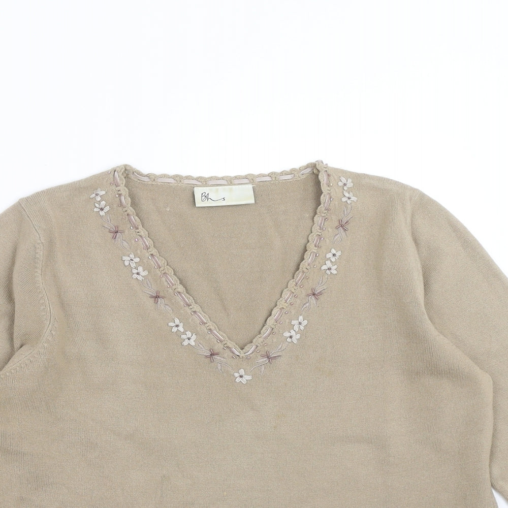 BHS Womens Brown  Knit Pullover Jumper Size 12  - Floral embroidery