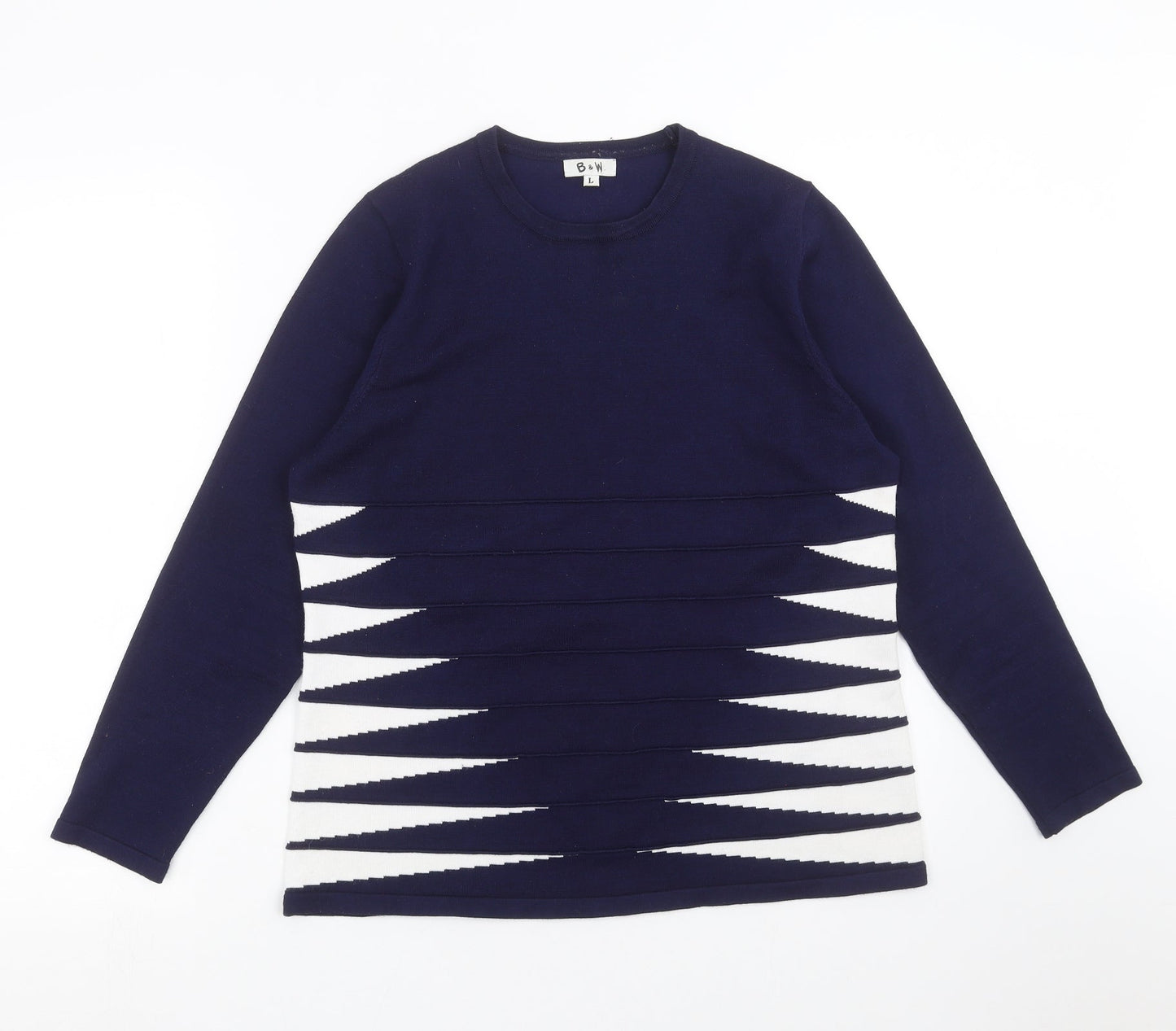 B&W Womens Blue Geometric Knit Pullover Jumper Size L