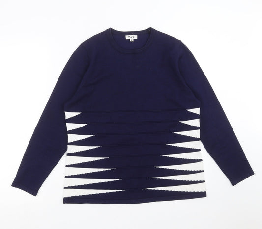 B&W Womens Blue Geometric Knit Pullover Jumper Size L