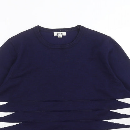 B&W Womens Blue Geometric Knit Pullover Jumper Size L