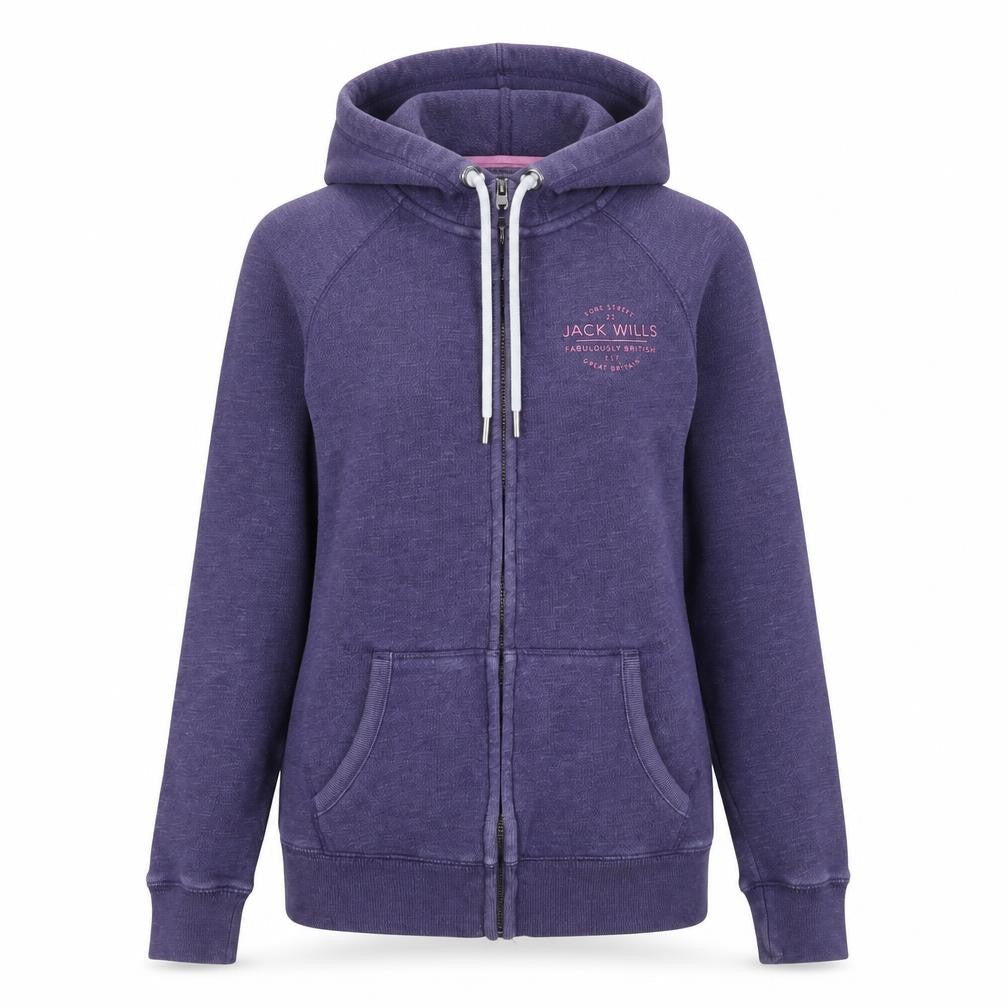 Front view of Jack Wills women’s purple full zip jumper, size UK 6