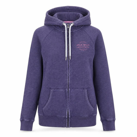 Front view of Jack Wills women’s purple full zip jumper, size UK 6