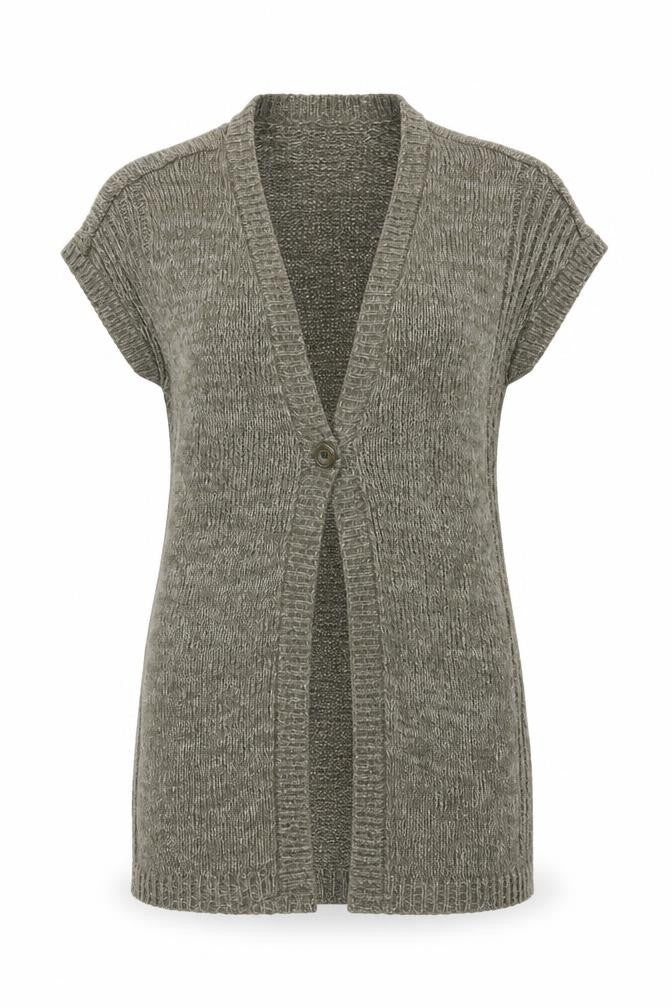 Front view of Vivien Aron women’s green cardigan jumper, size UK 10