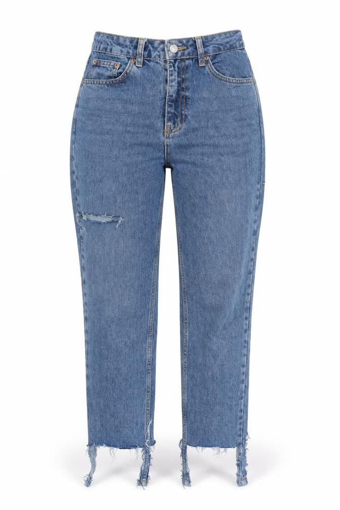 Front view of Topshop women’s blue denim mom jeans, size M, 28-inch leg
