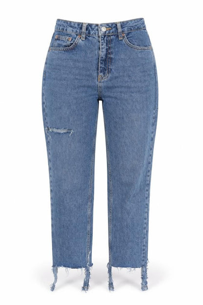Front view of Topshop women’s blue denim mom jeans, size M, 28-inch leg