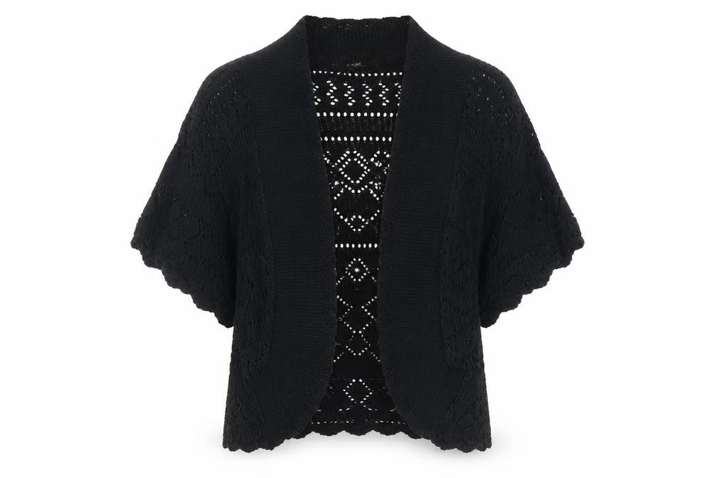 Front view of MK women’s black cardigan jumper, size UK 18