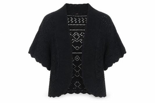 Front view of MK women’s black cardigan jumper, size UK 18