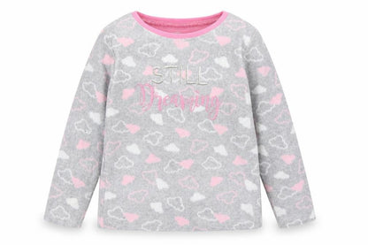 Front view of Primark girls’ grey fleece jumper, size 7, years - pj top