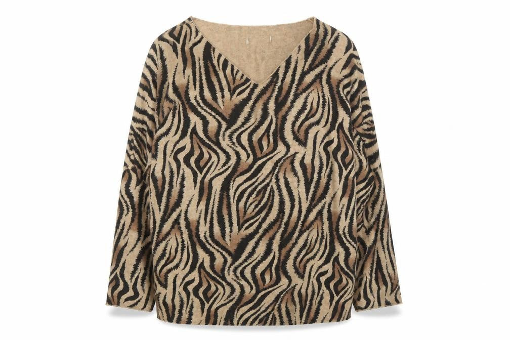 Front view of Preworn women’s beige animal print jumper, size L, - tiger print