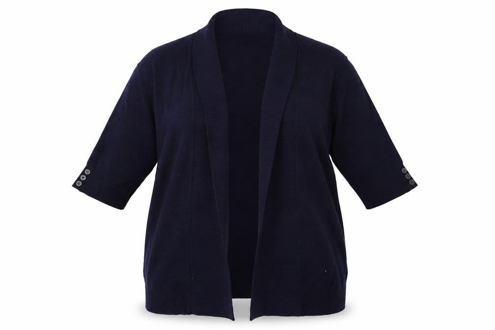 Front view of hale women’s blue cardigan jumper, size UK 14